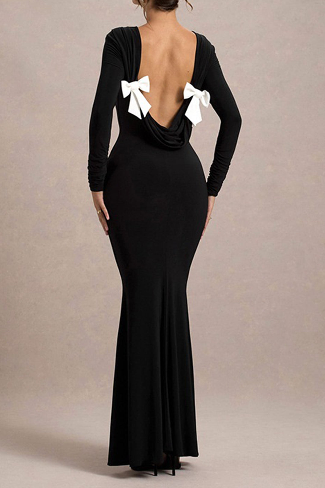 Ruched Bow Backless Long Sleeve Maxi Dress