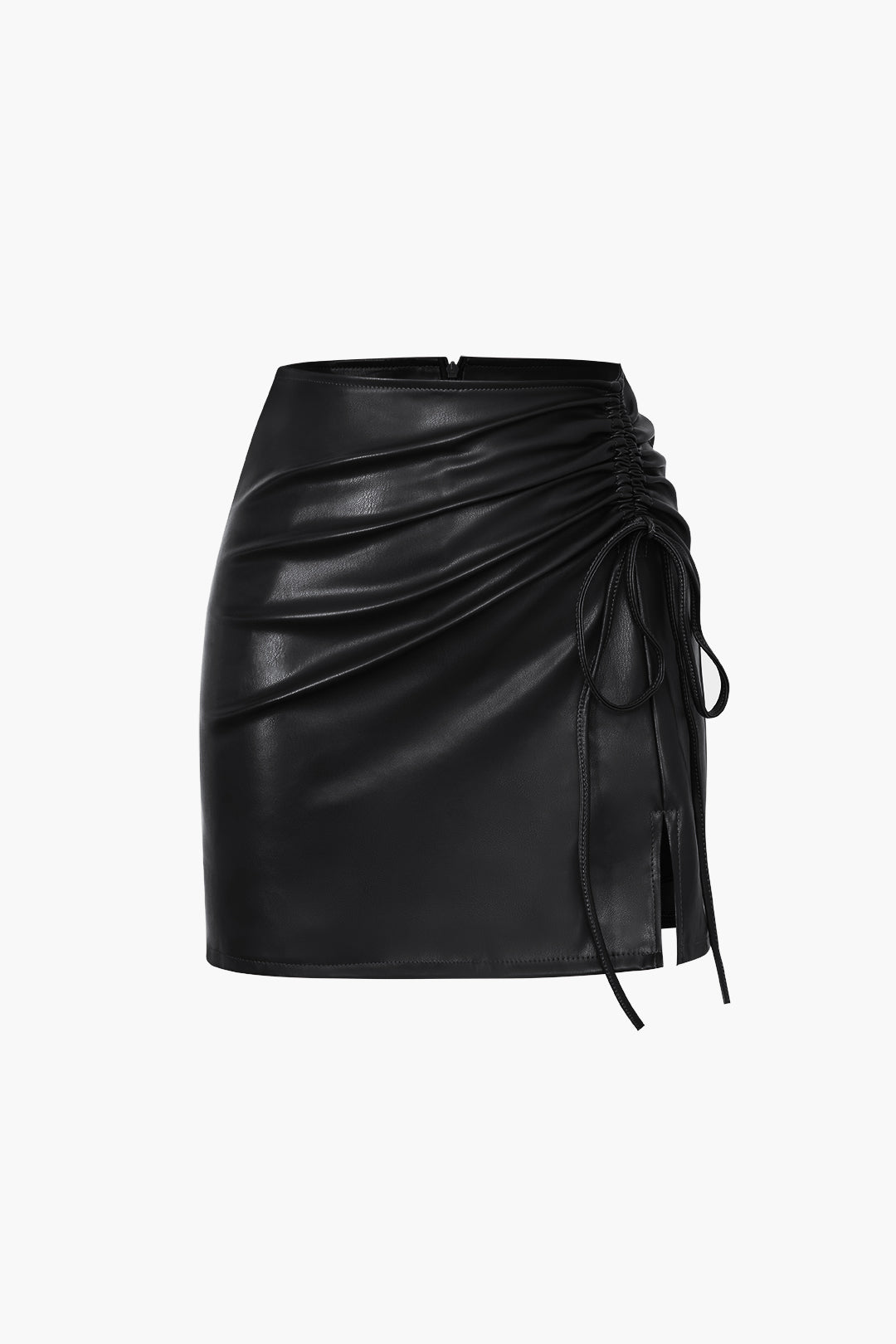 Drawstring Slit Leather Mini Skirt