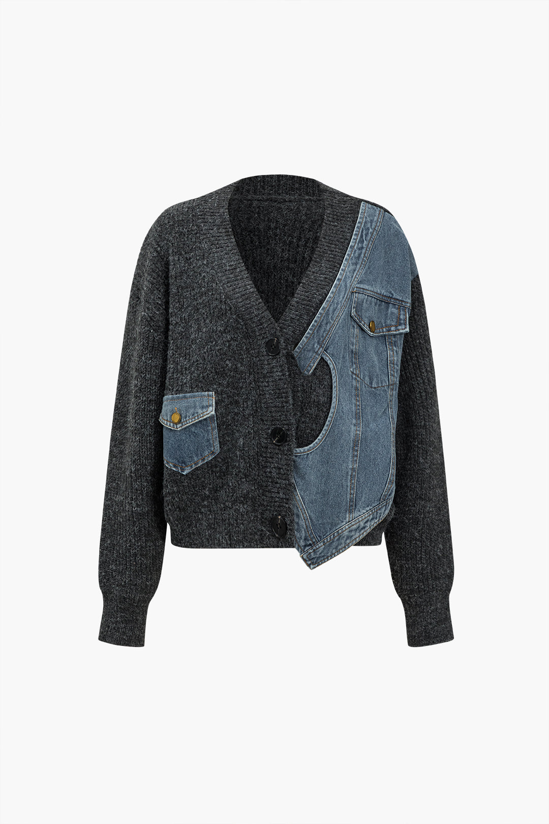 Patchwork Denim Knit Color Block Button Asymmetrical Pocket Cardigan