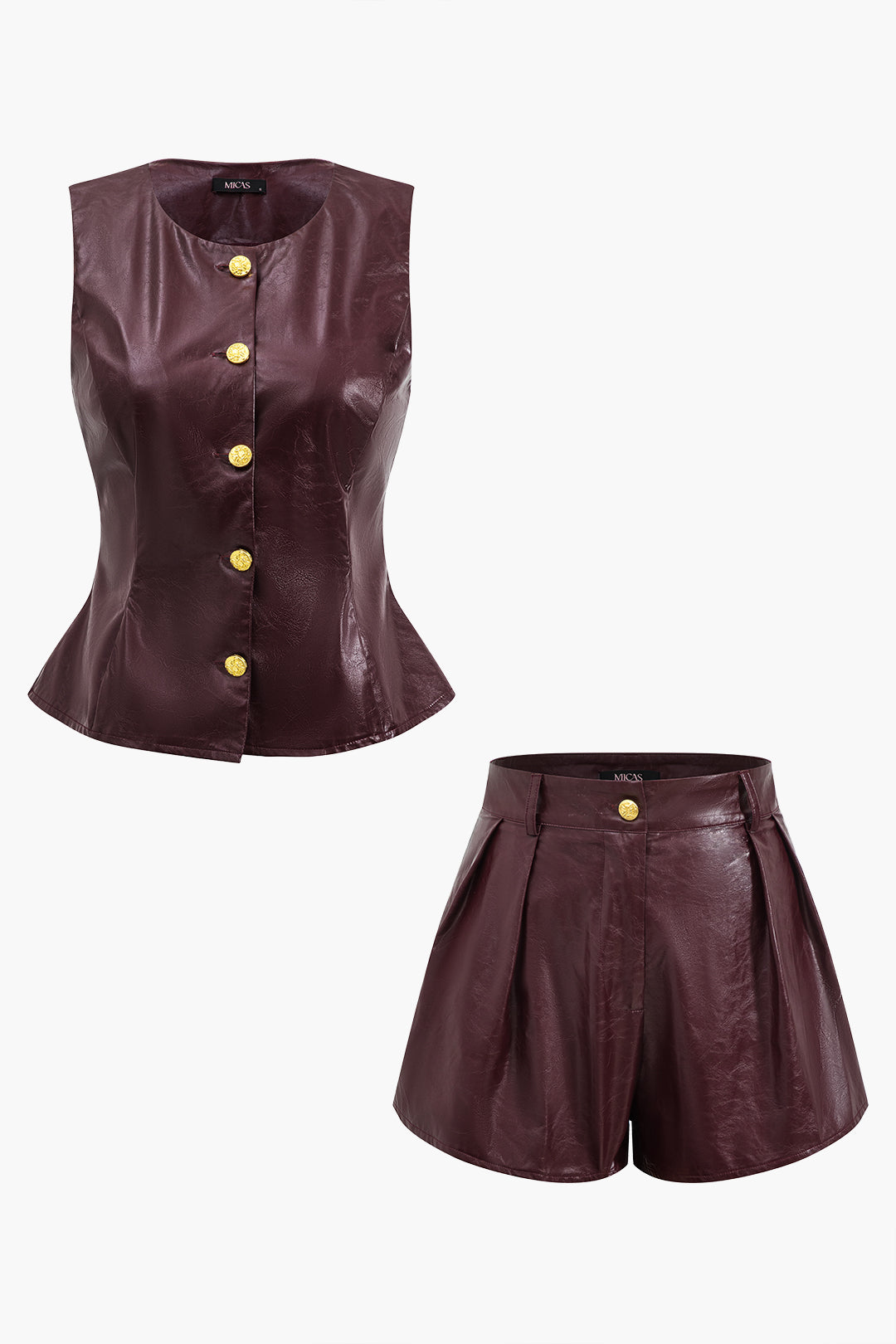 Metallic Button Faux Leather Shorts Set