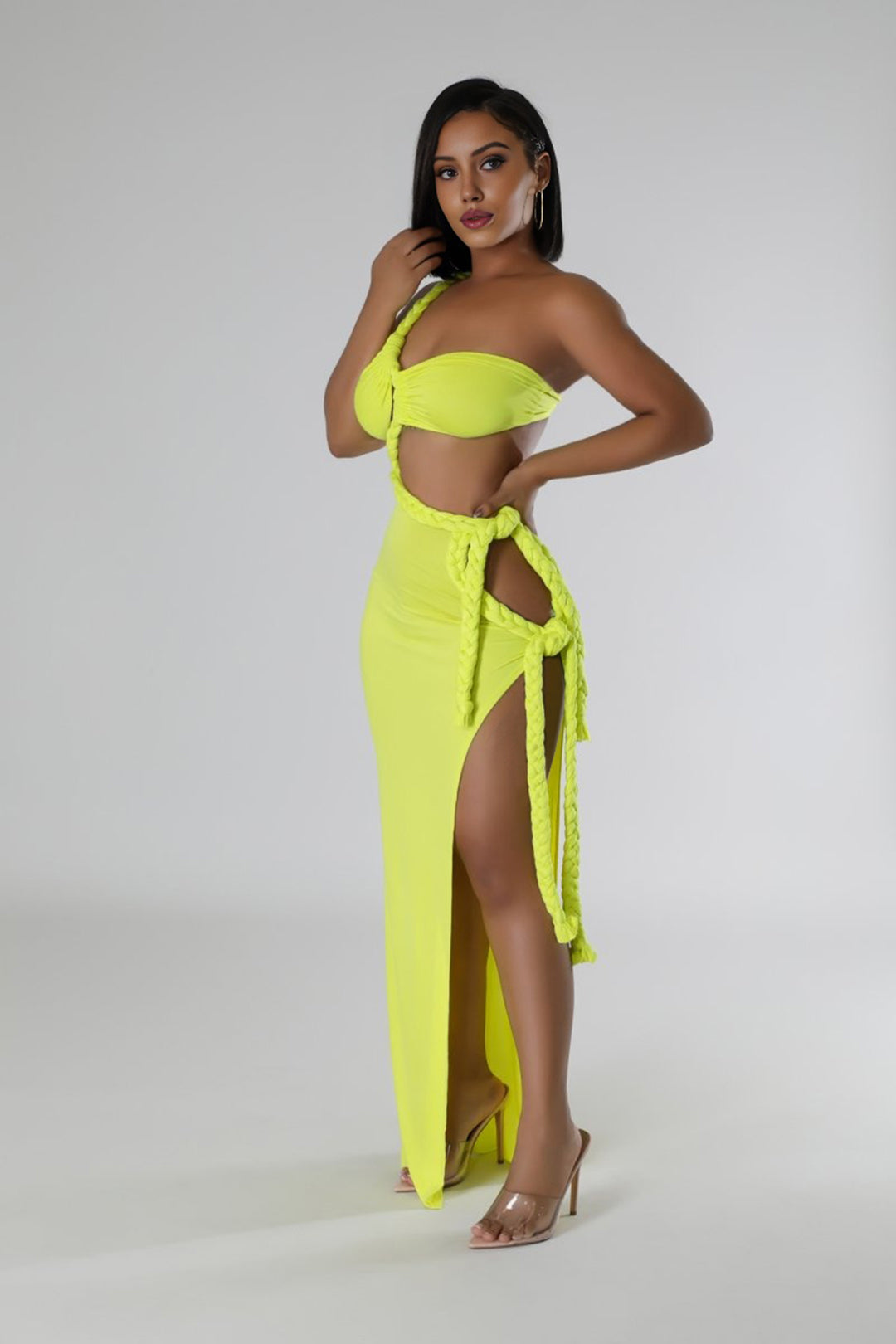 Ruched Cut Out Twist Tie Knot Slit Maxi Dress