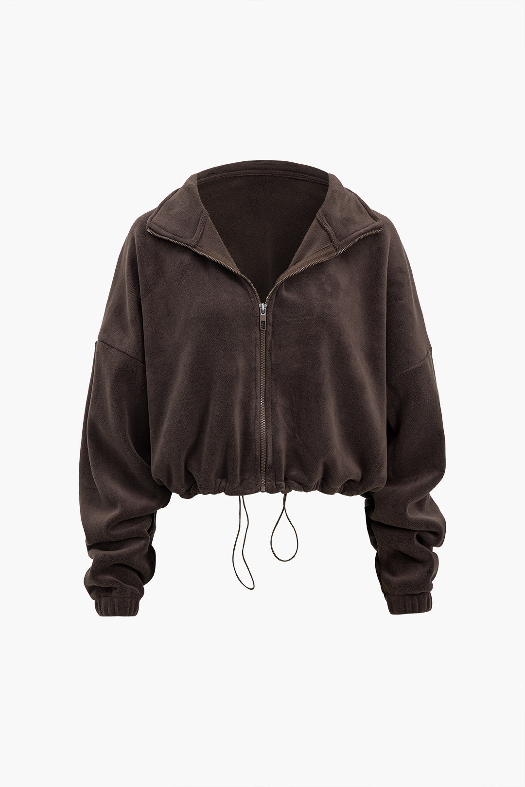 Solid Drawstring Mock Neck Zipper Jacket