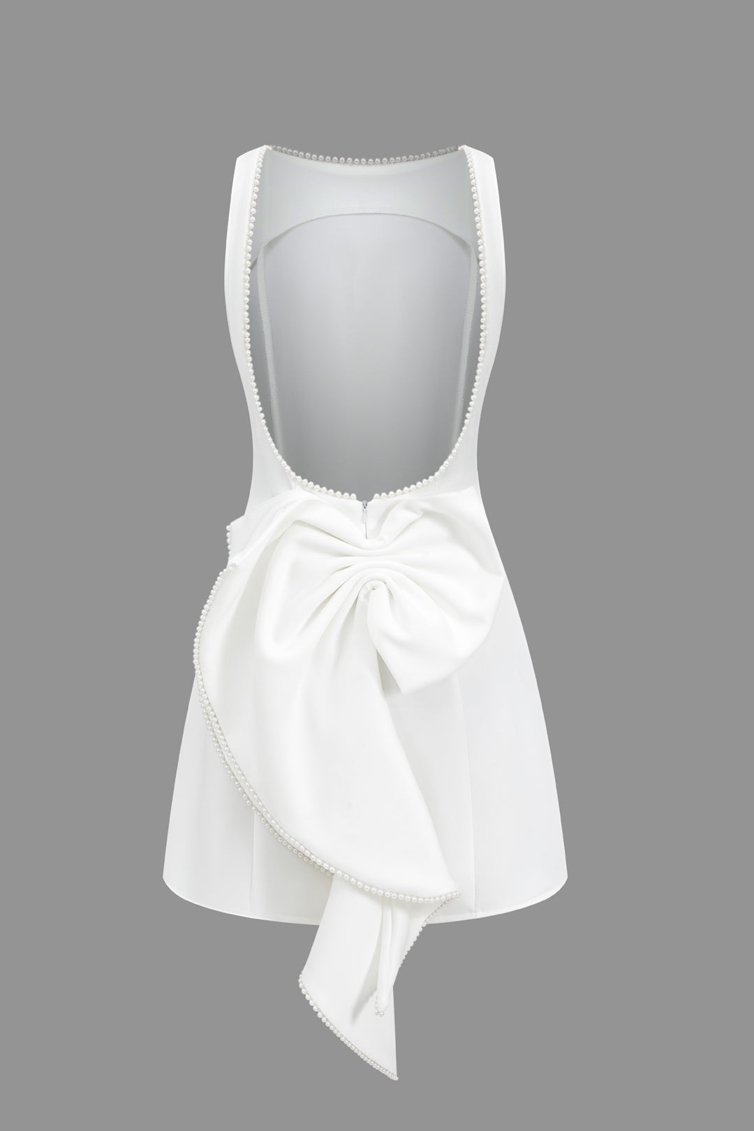 Pleated Bow Pearl Backless Zipper Sleeveless Mini Dress