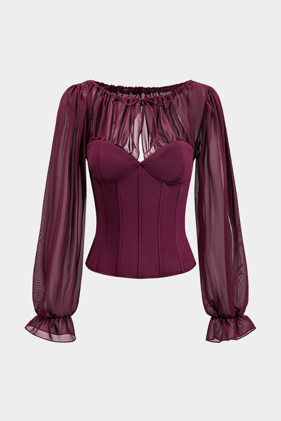 Chiffon Ruched PatchworkTie Front Zipper Bustier Corset Backless Long-Sleeve Top