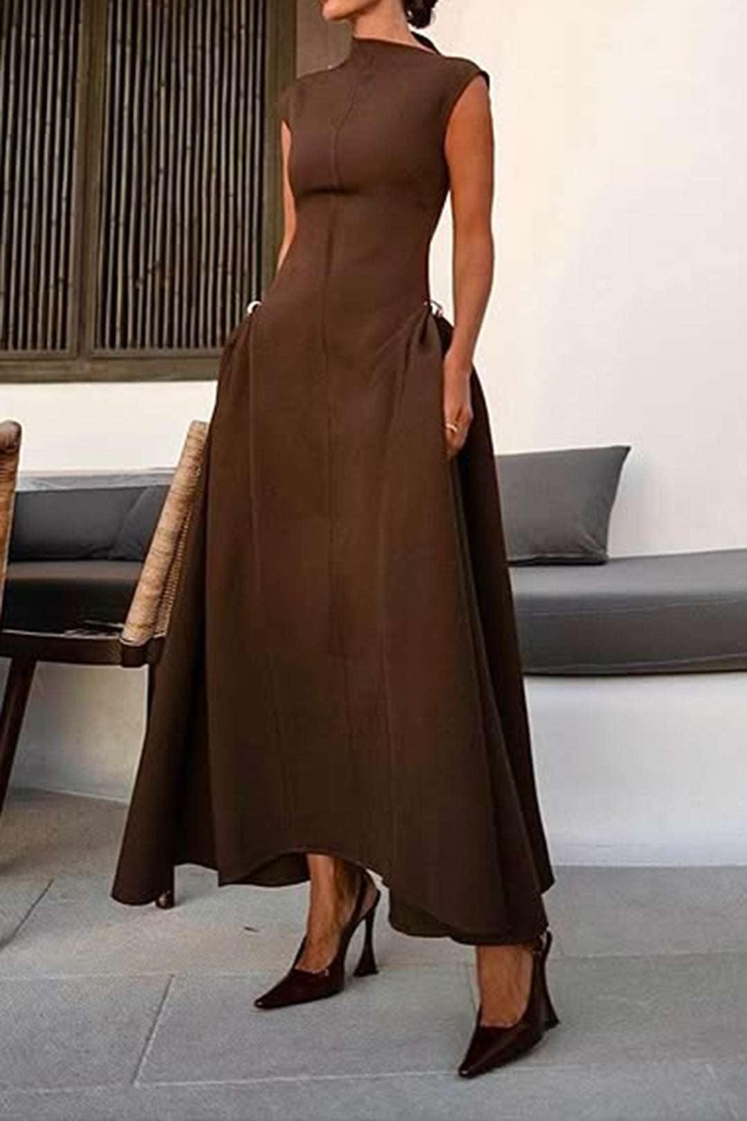 Metallic Decor Zipper Sleeveless Maxi Dress