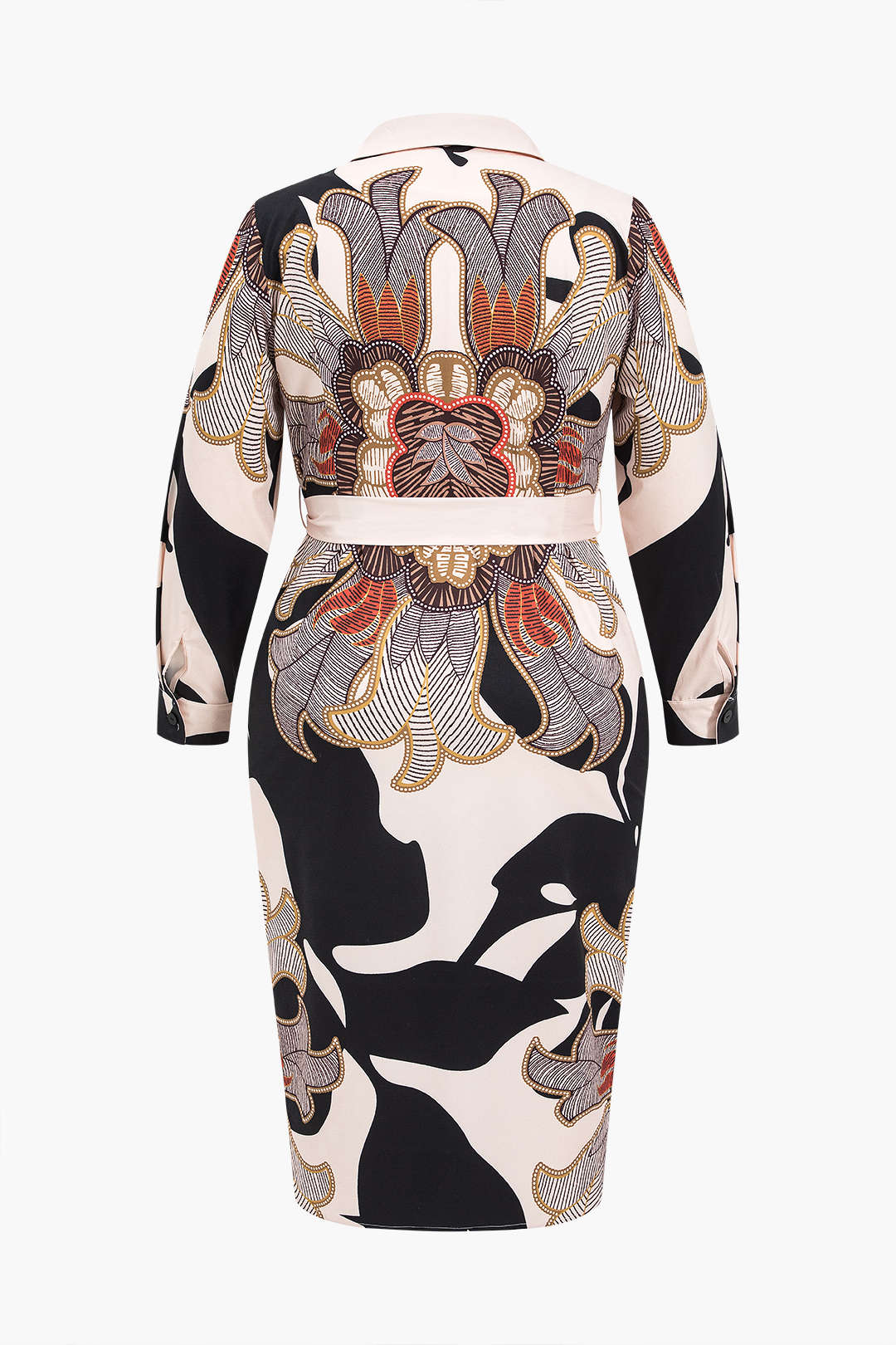 Plus Size Baroque Print Long Sleeve Tie Up Ruched Midi Dress