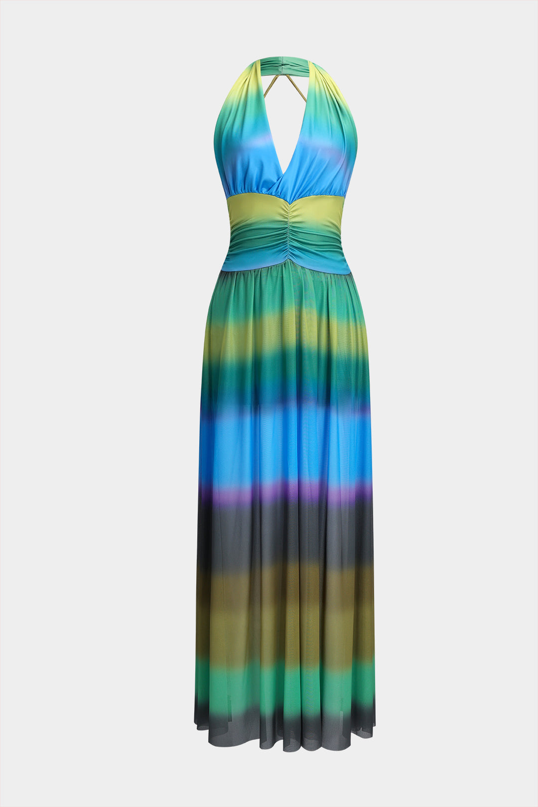 Ombre Print Ruched Backless  Midi Dress