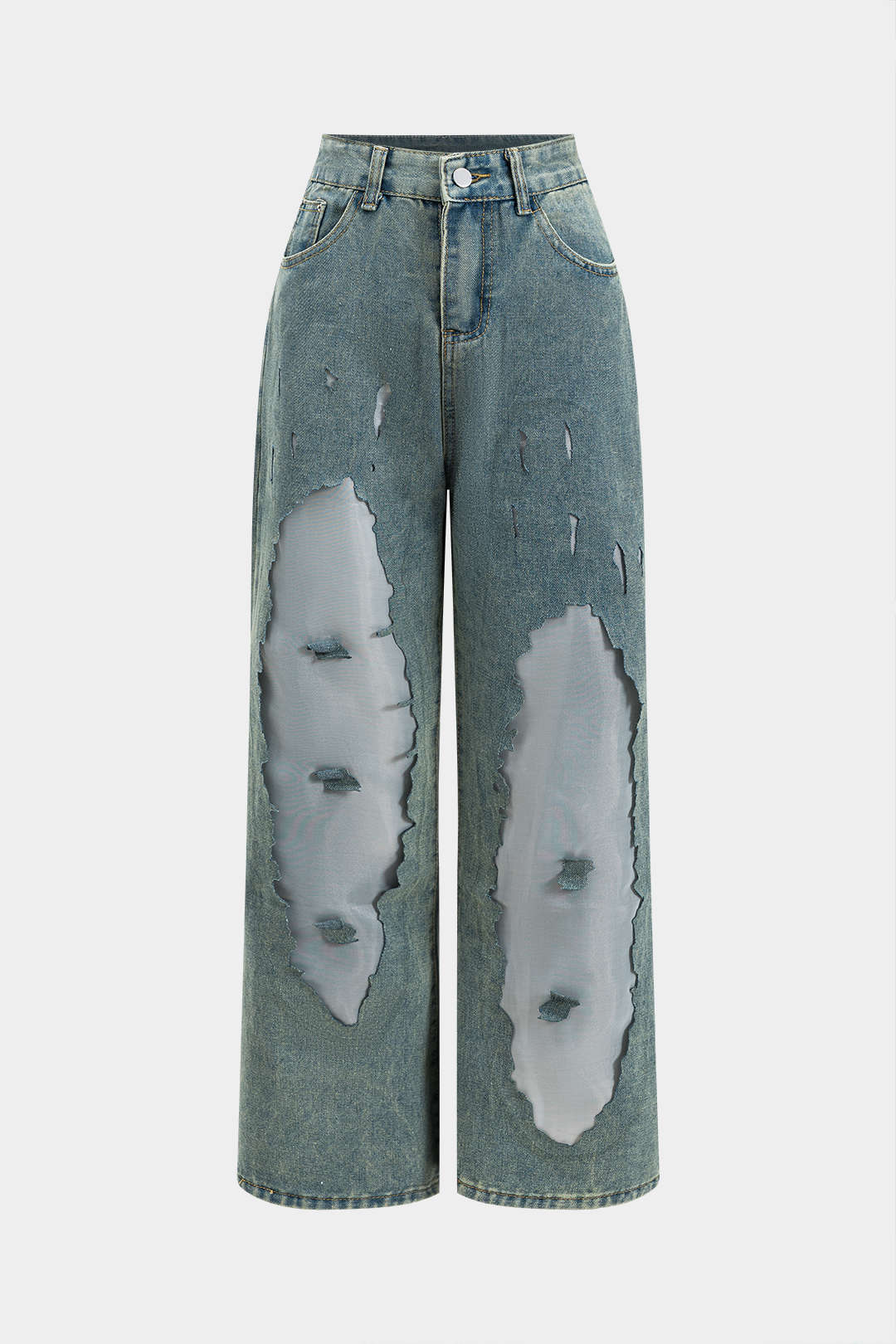 Denim Patchwork Mesh Button Pocket Cut Out Wide Leg Jeans