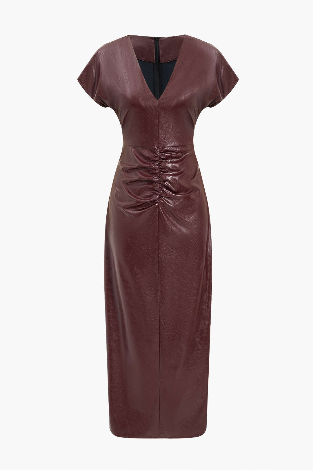 Faux Leather Ruched V-Neck Midi Dress