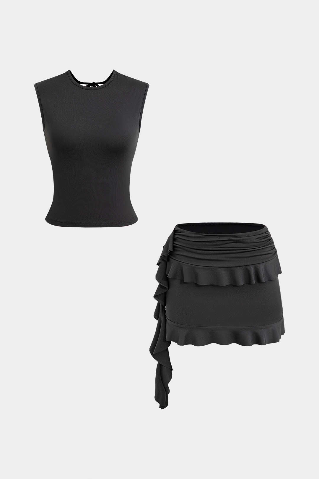 Backless Tie-Back Cut Out Top And Ruched Ruffle Skirt Set