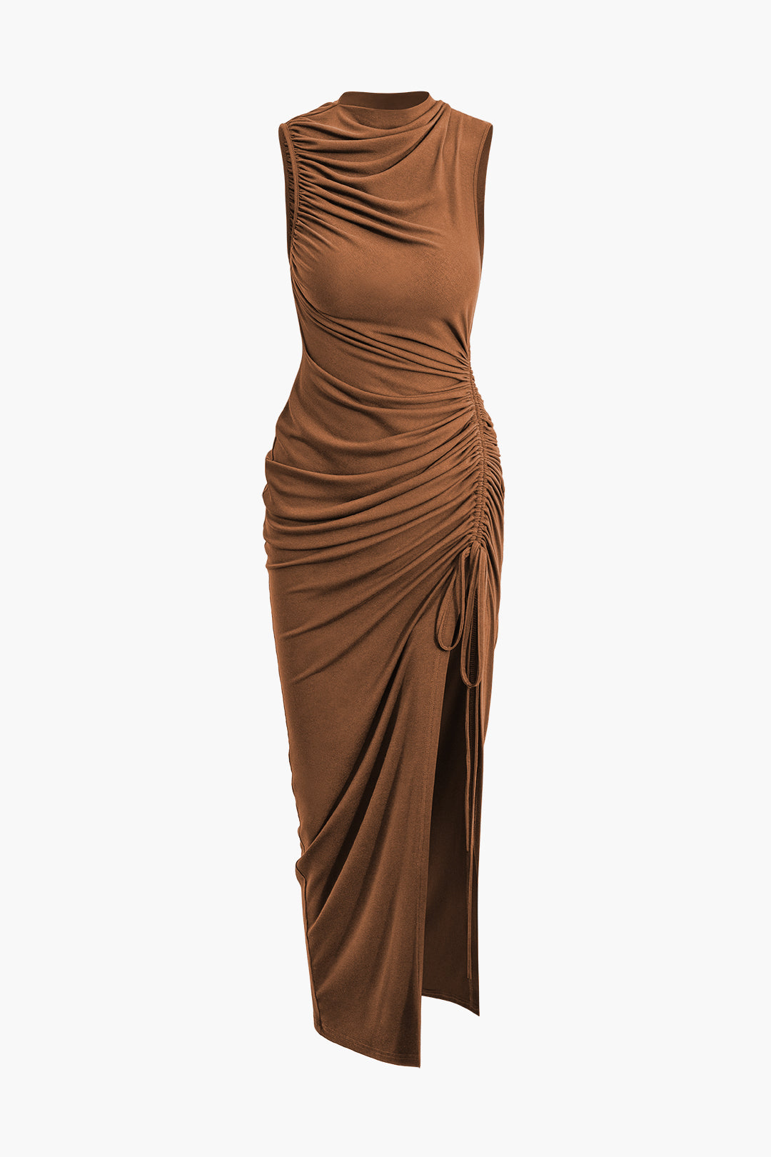 Asymmetric Ruched Drawstring Slit Sleeveless Maxi Dress