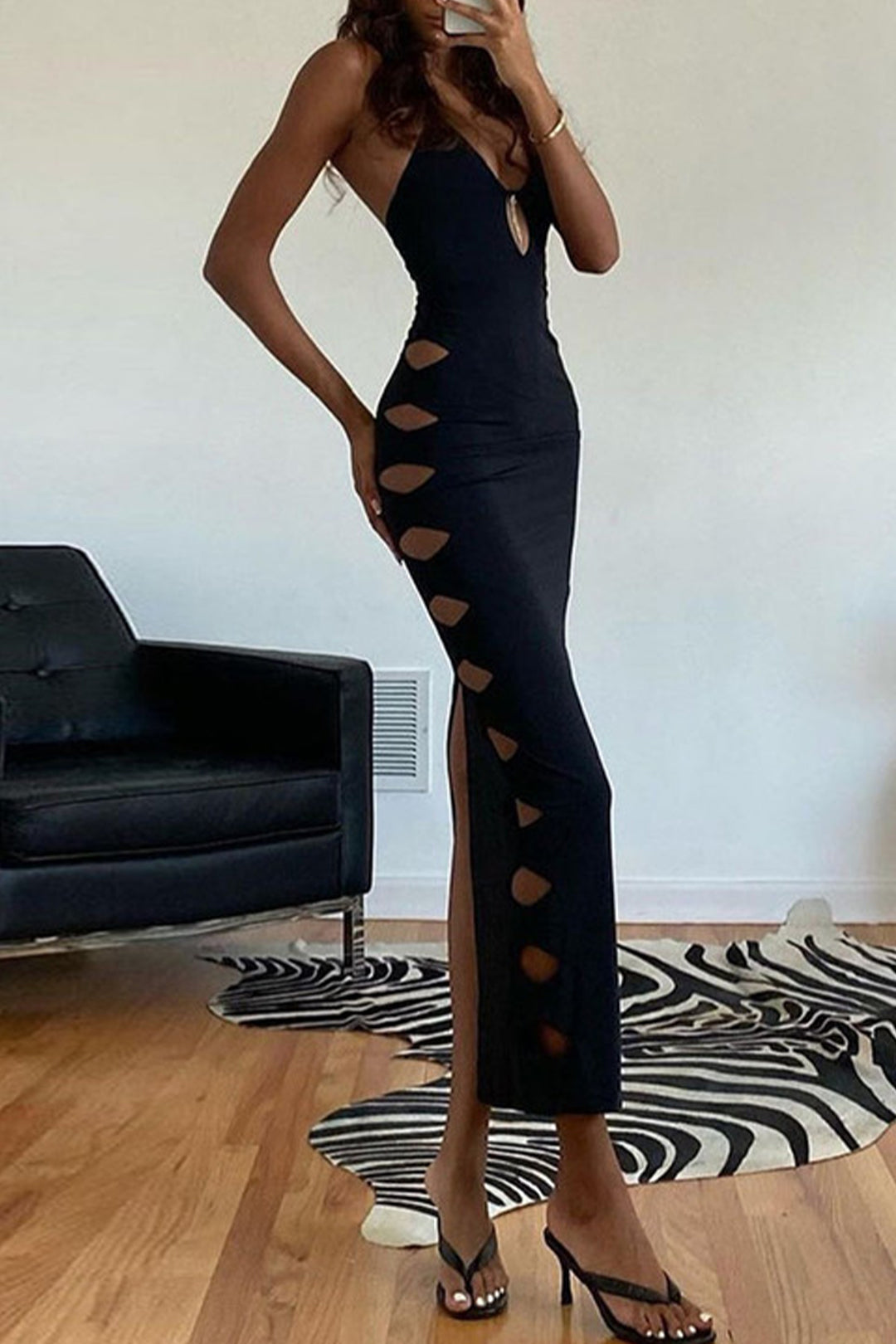 Metal Decor Cut Out Tie Up Backless Maxi Dress