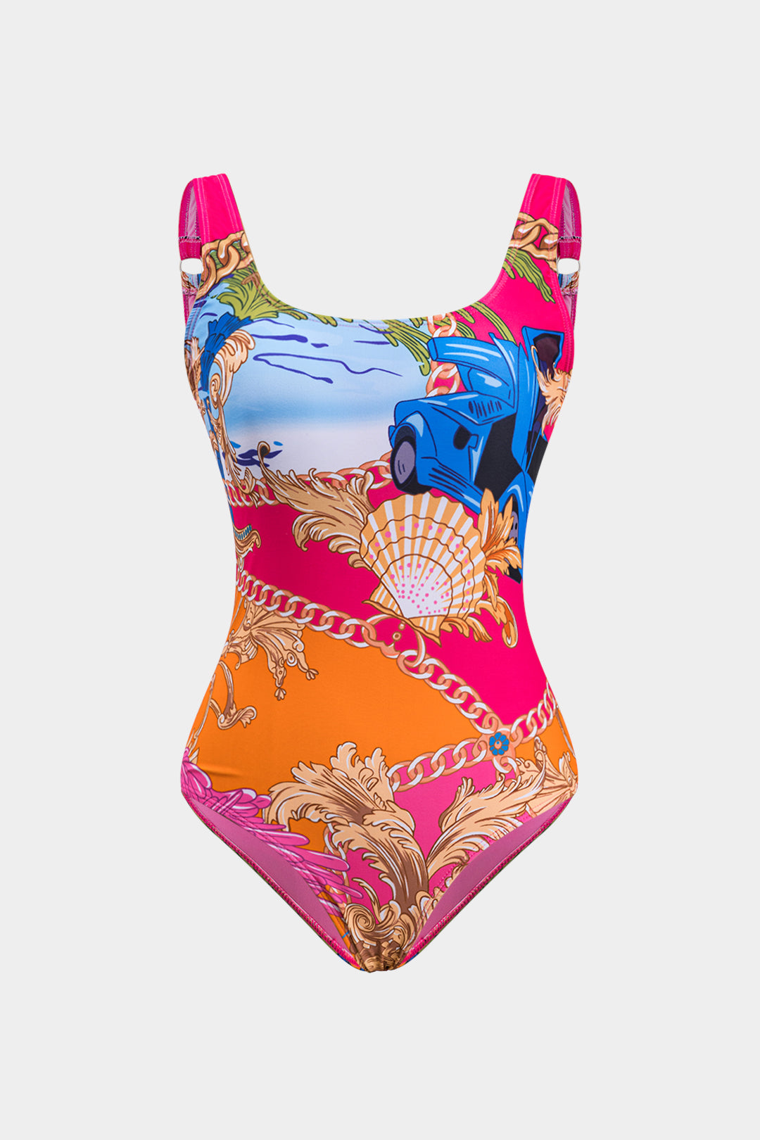 Tropical Cartoon Chiffon Tummy Control Swimwear And Tie Front Cover Up Set