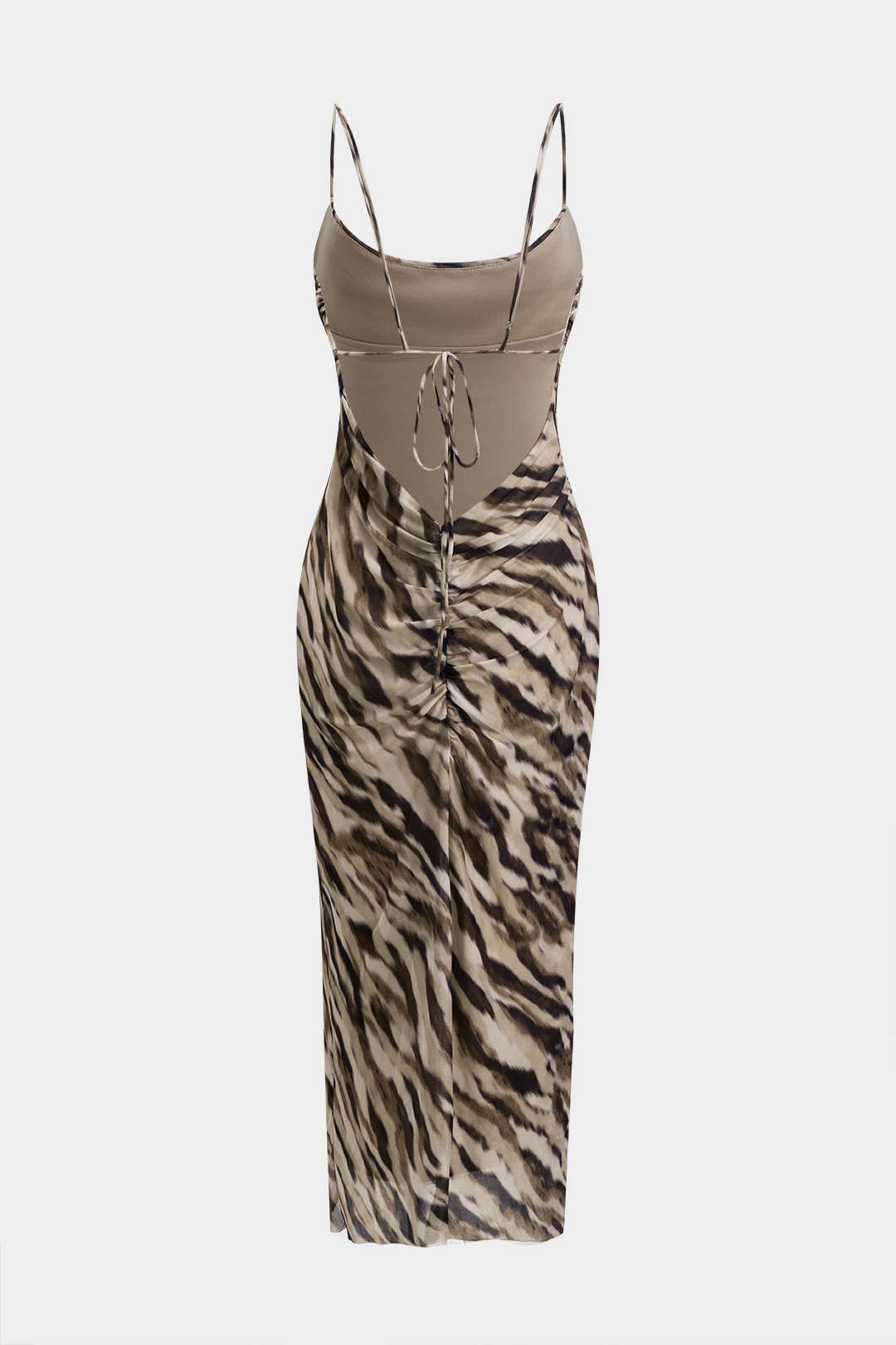 Tiger Print Mesh Ruched Backless Slip Maxi Dress