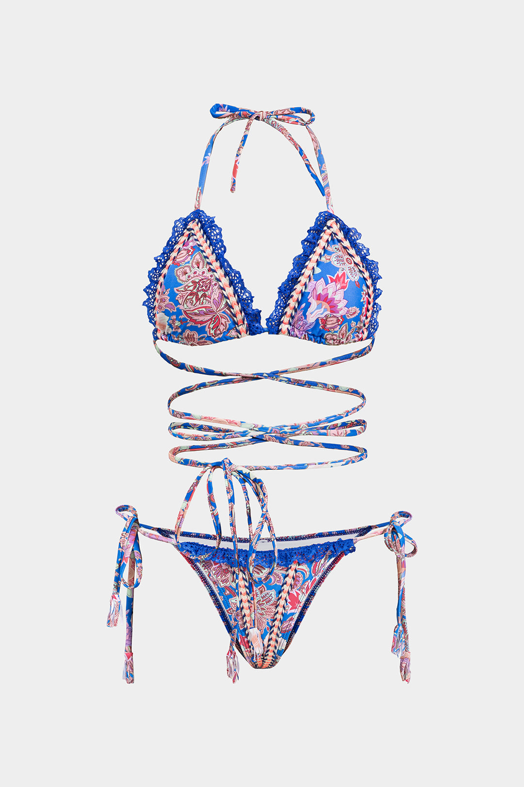 Floral Print Lace Trim Tie Up Patchwork Bikini Set