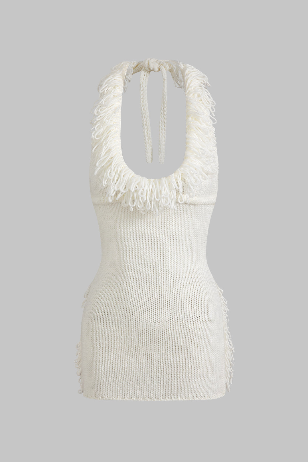 Knit Fringe Knotted Halter Neck Backless Dress