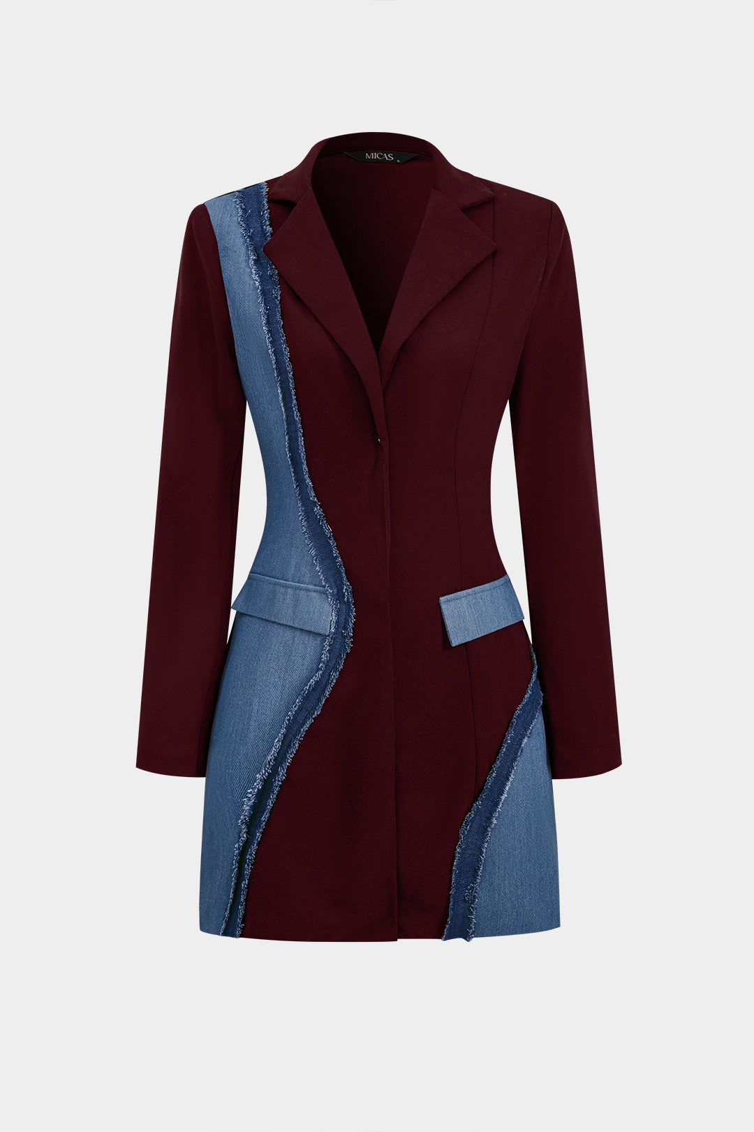 Denim Patchwork Long Sleeve Blazer Suit Mini Dress