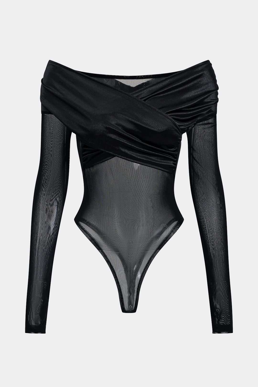 Mesh Satin Patchwork Sheer Long Sleeve Bodysuit