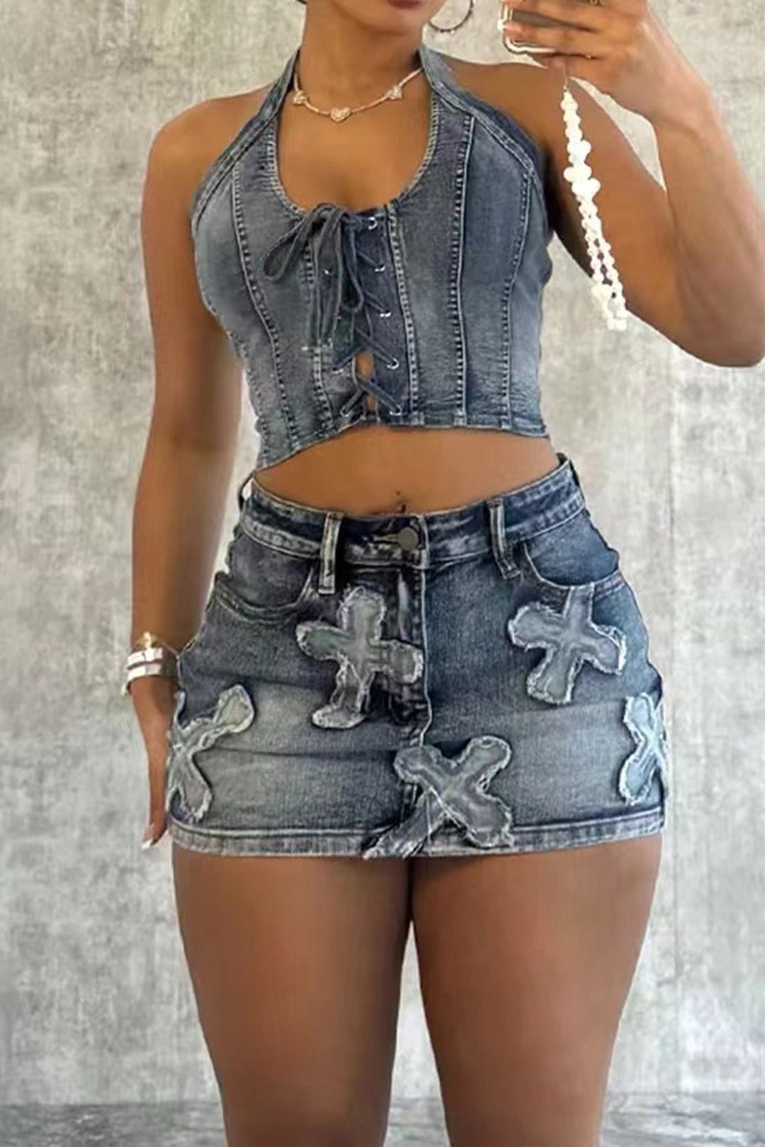 Denim Tie Up Halter And Mini Skirt Set