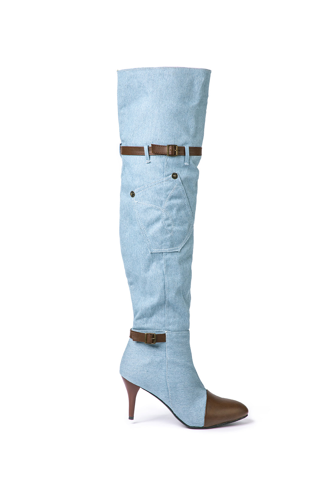 Denim Patchwork High Heel Almond Toe Over The Knee Boots