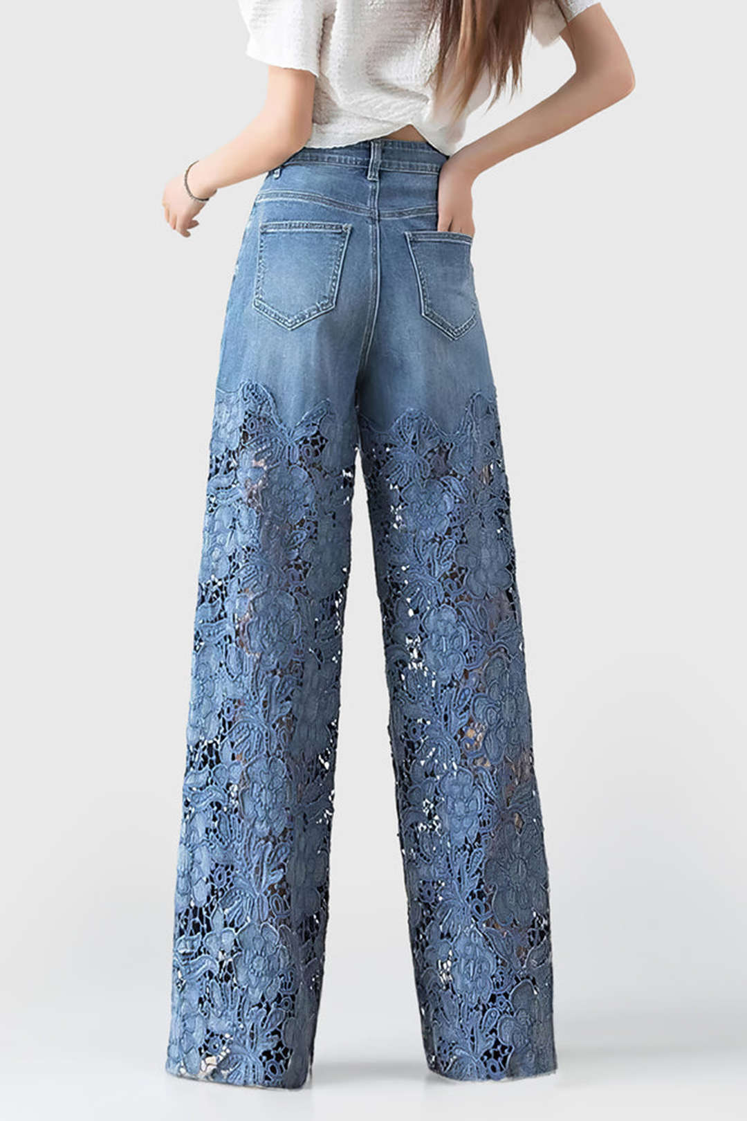 Lace Cut Out Patchwork Wide Leg Jeans