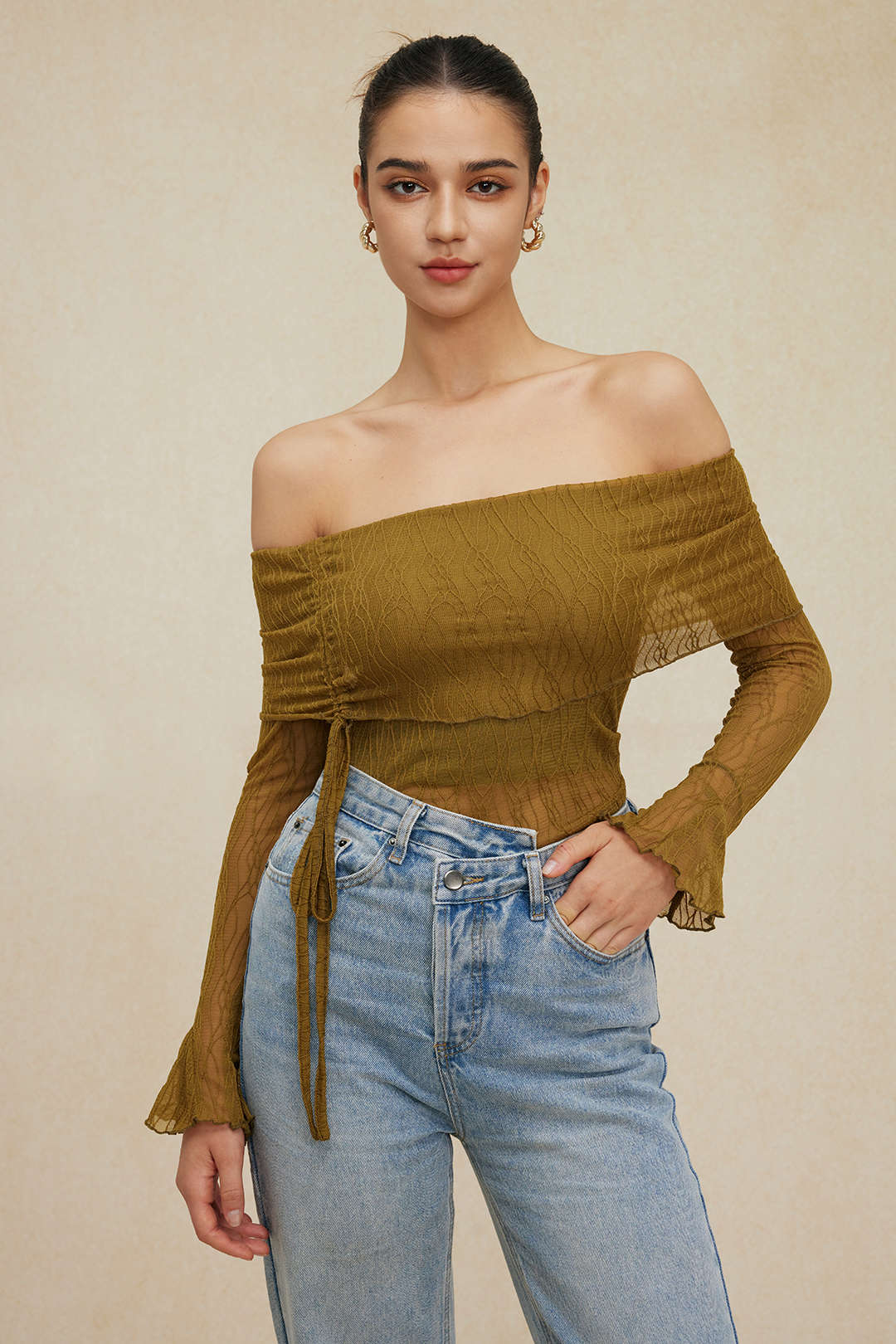 Texture Off Shoulder Asymmetrical Tie Mesh Top