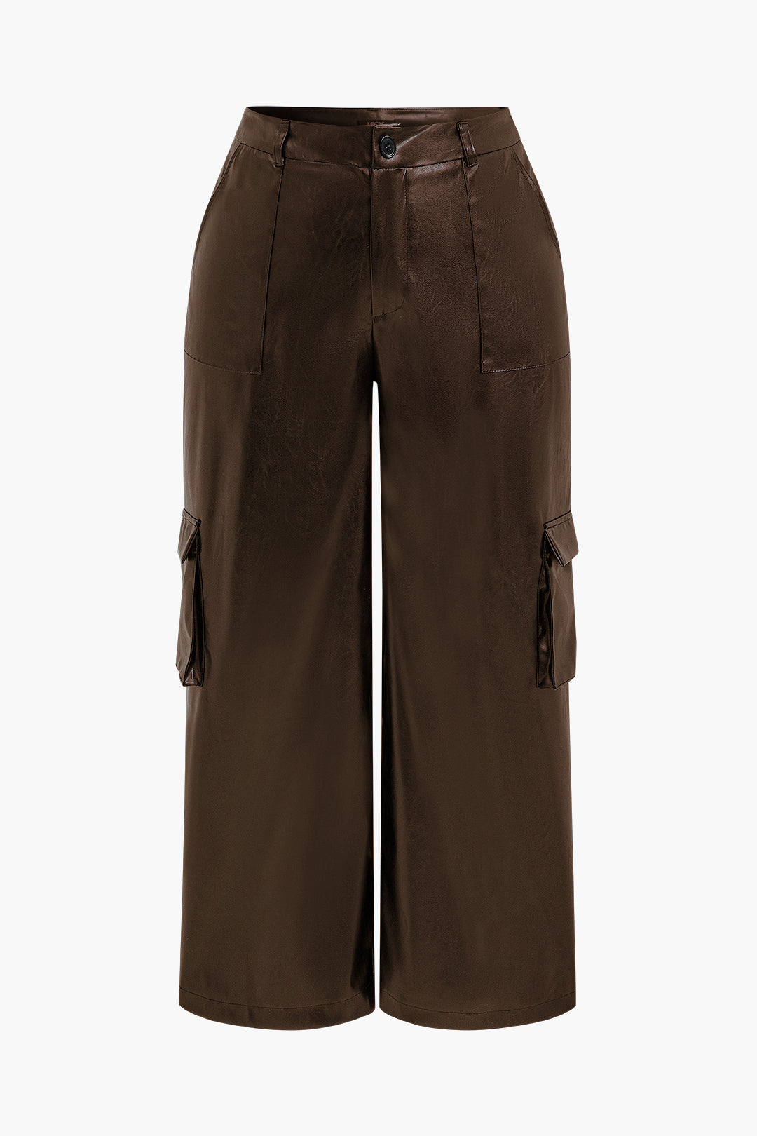 Plus Size Solid Faux Leather Wide Leg Pants Pocket Trousers