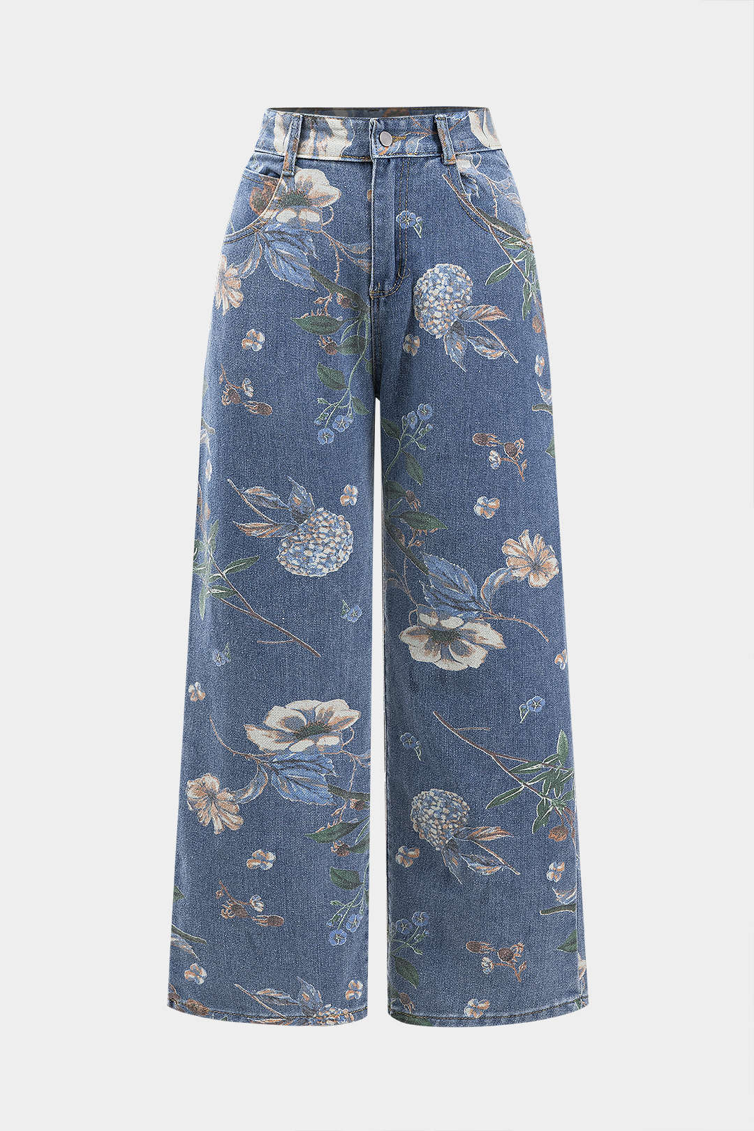 Retro Floral Print Denim Button Pocket Wide Leg Jeans