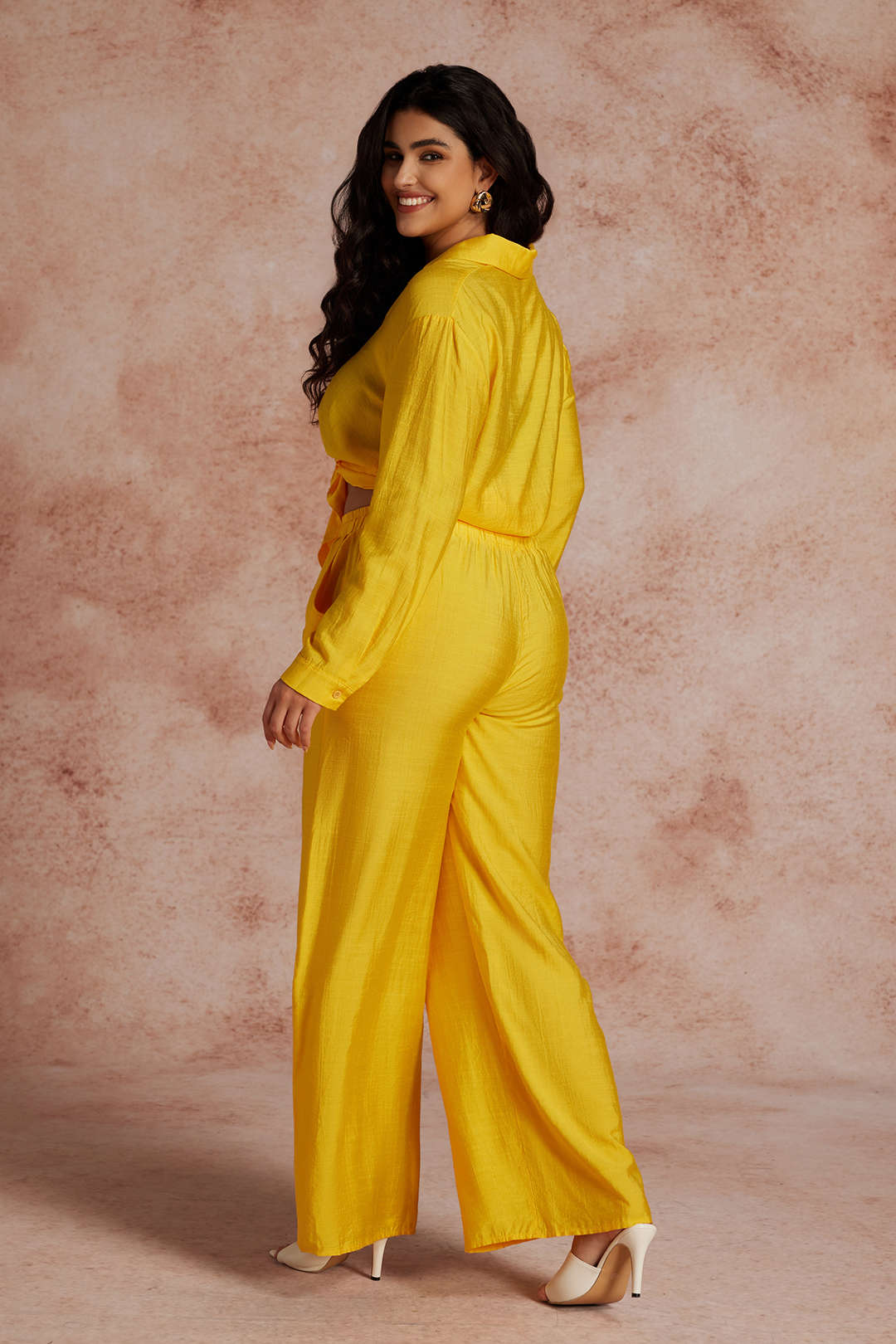 Plus Size Tie Front Shirt And Wide Leg Pants Set