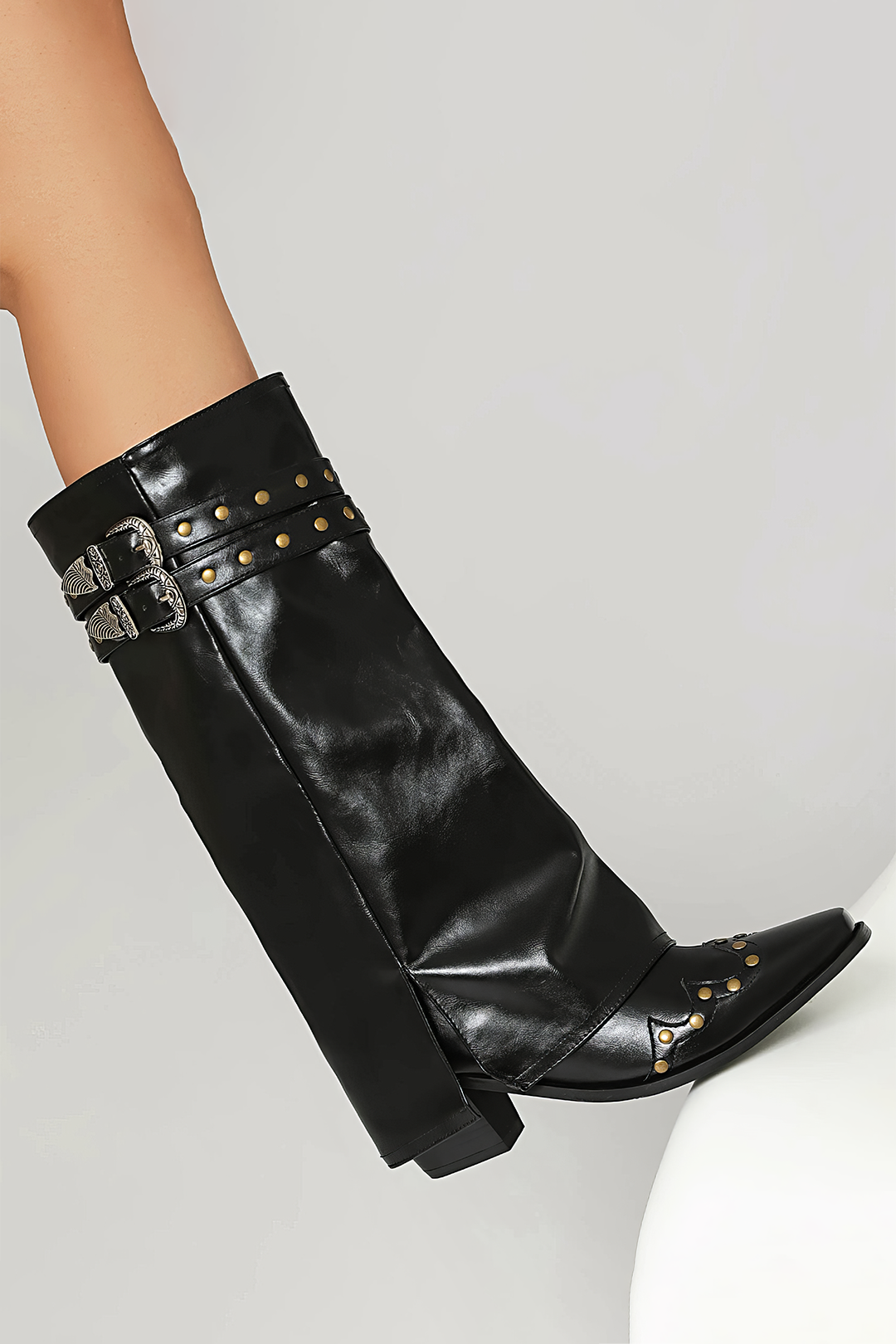 Faux Leather Studded Pointed Toe Mid Calf Boots