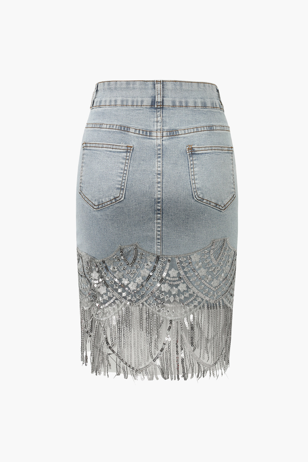 Sequin Fringe Hem Denim Skirt