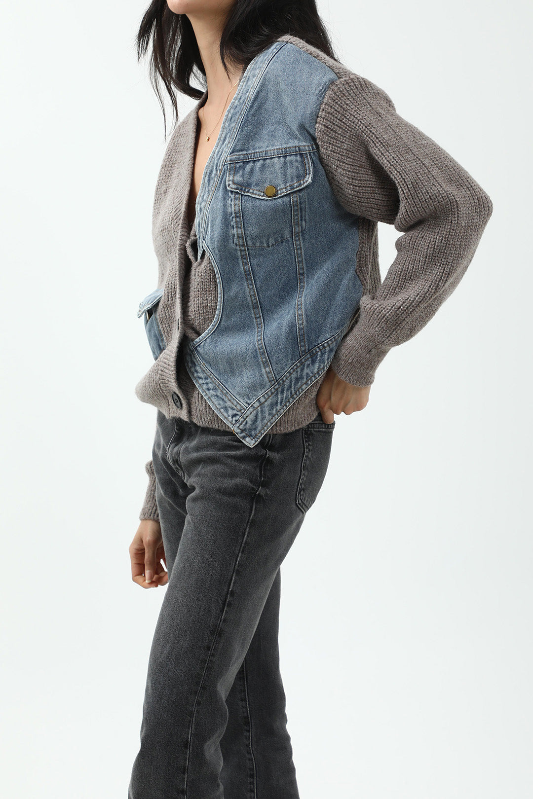 Patchwork Denim Knit Color Block Button Asymmetrical Pocket Cardigan