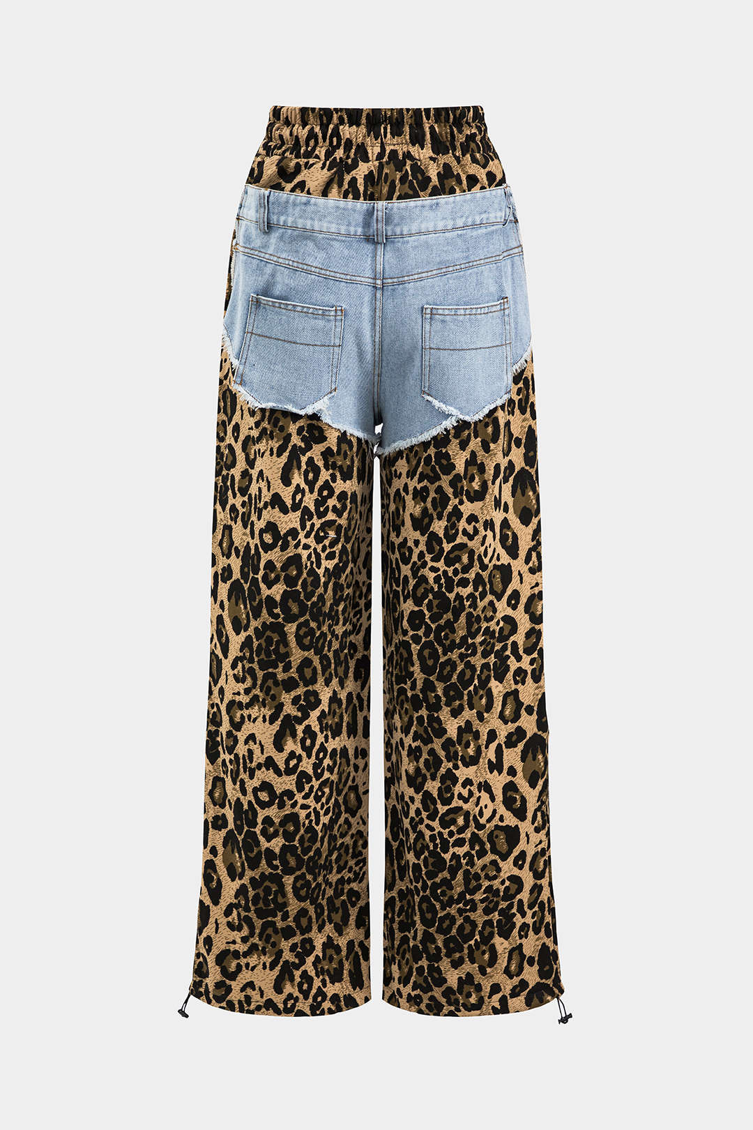 Leopard Print Denim Patchwork Tie Front Pocket Wide Leg Jeans