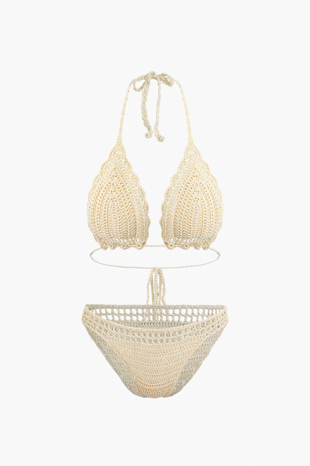 Crochet Halter Neck Bikini Set And Asymmetric Tassel Cover Up Set