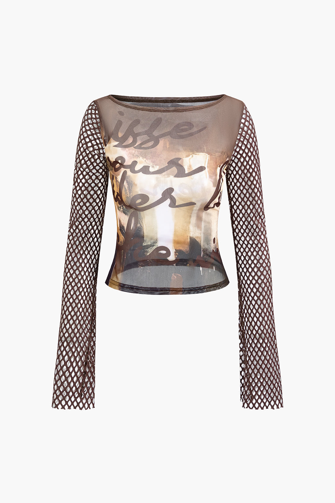 Abstract Print Mesh Long Sleeve Top