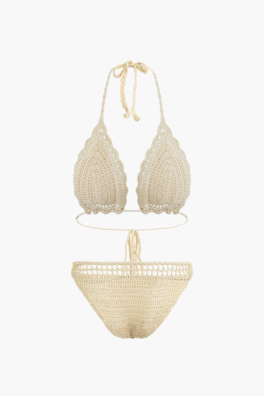 Crochet Halter Neck Bikini Set And Asymmetric Tassel Cover Up Set