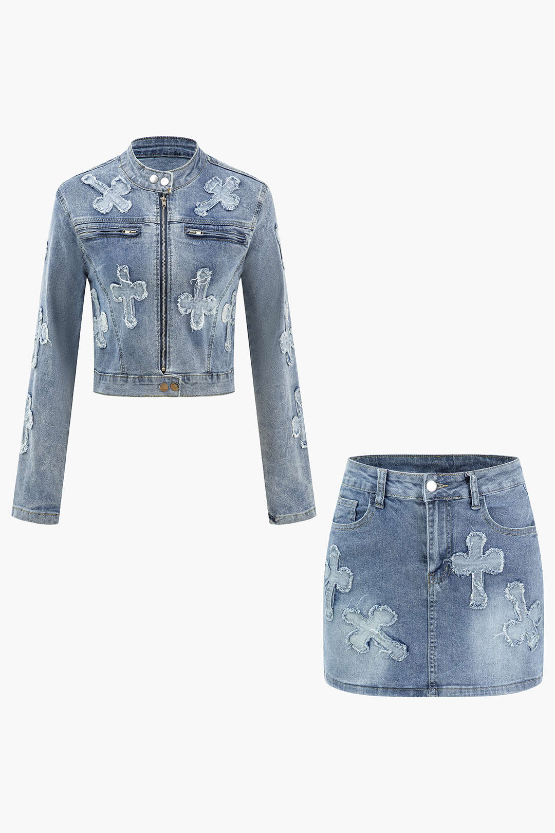 Cross Patch Distressed Denim Jacket And Mini Skirt Set