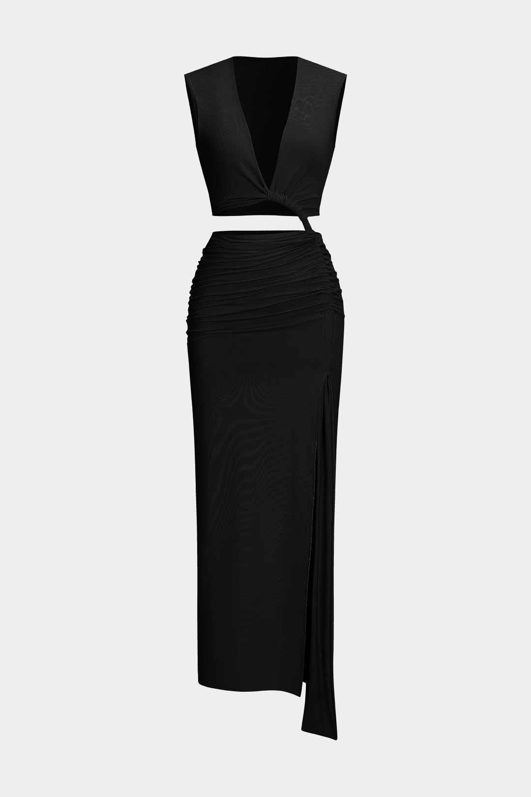 Ruched Cut Out V-Neck Sleeveless Slit Maxi Dress