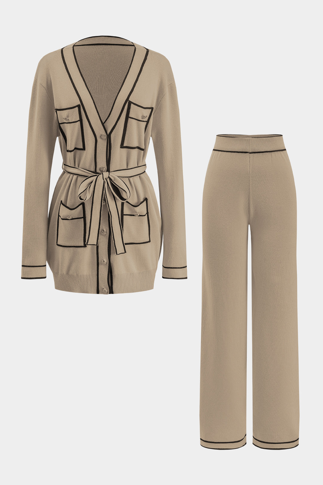 Sweater Ruched  Button Pocket Tie Front Long Sleeve Top And  Wide Leg Trousers Set