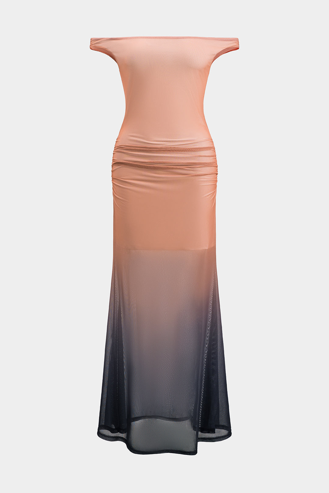 Ombre Print Mesh Ruched Off Shoulder Maxi Dress