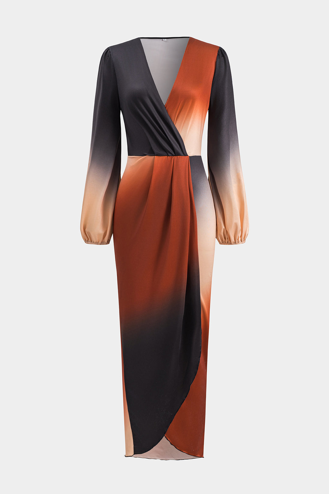 Ombre Print Ruched Crossed Long Sleeve Maxi Dress