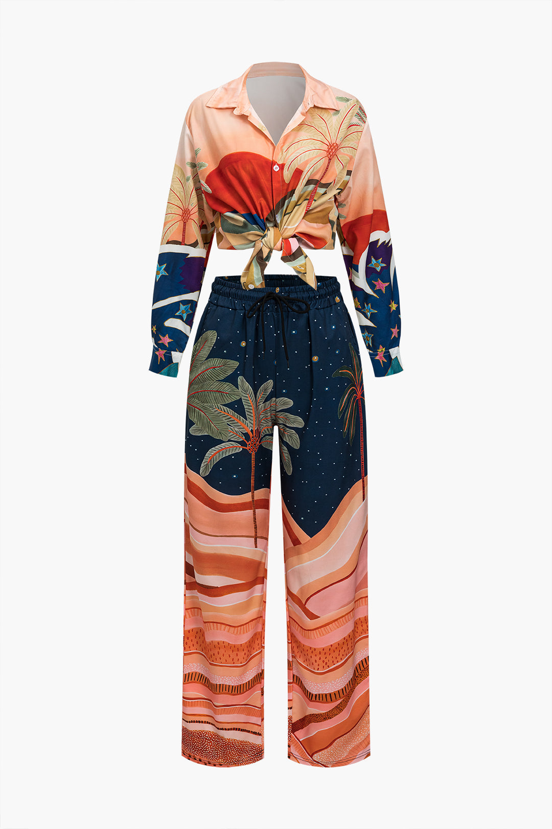 Coconut Palm Print Long Sleeve Shirt And Ruched Tie Front Trousers Set