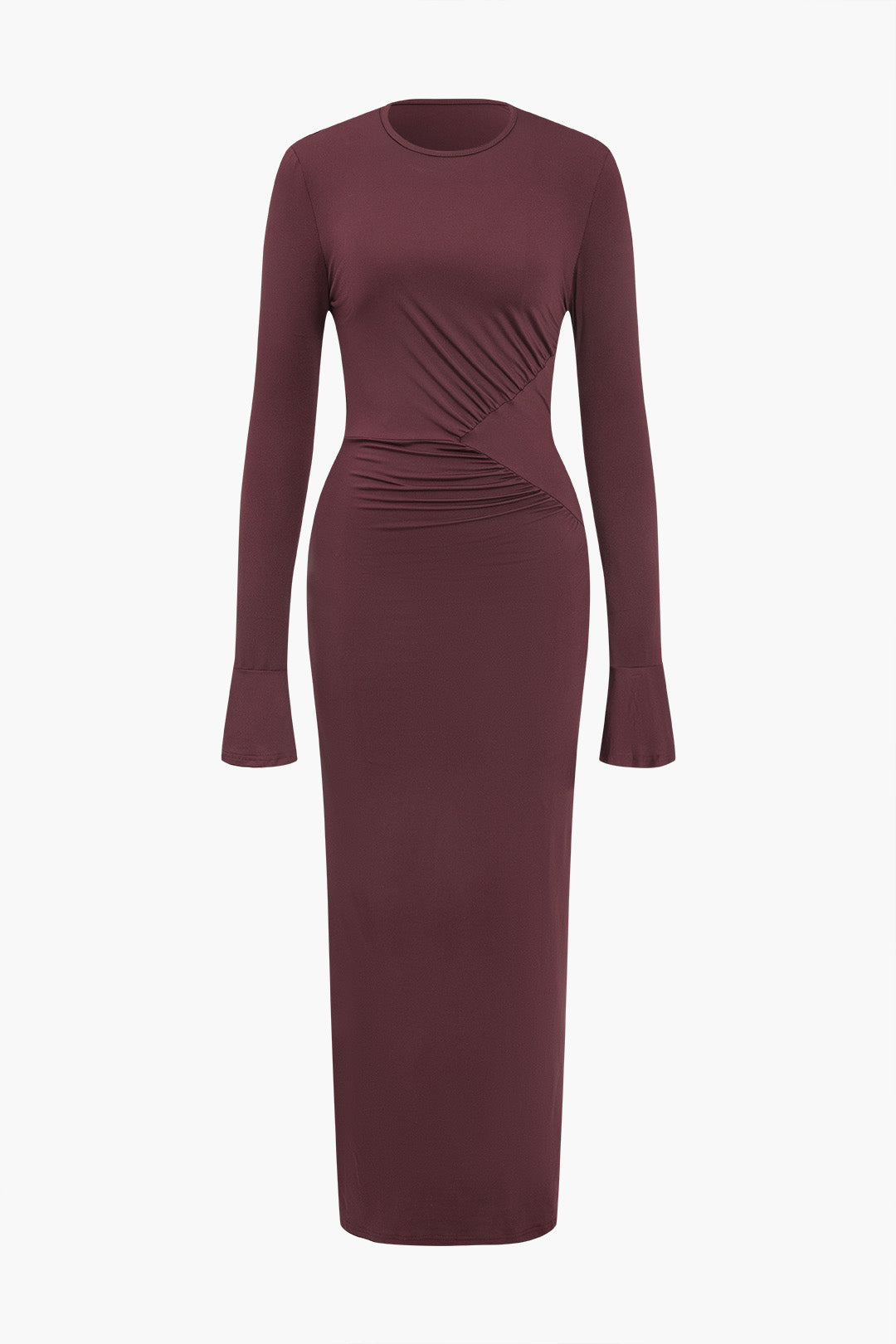 Solid Ruched Long-Sleeve Maxi Dress