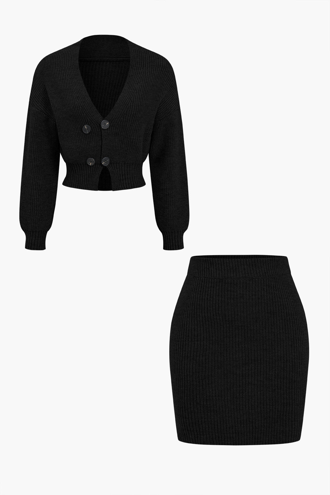 Solid  Knit Button V-neck Top And Mini Skirt Set