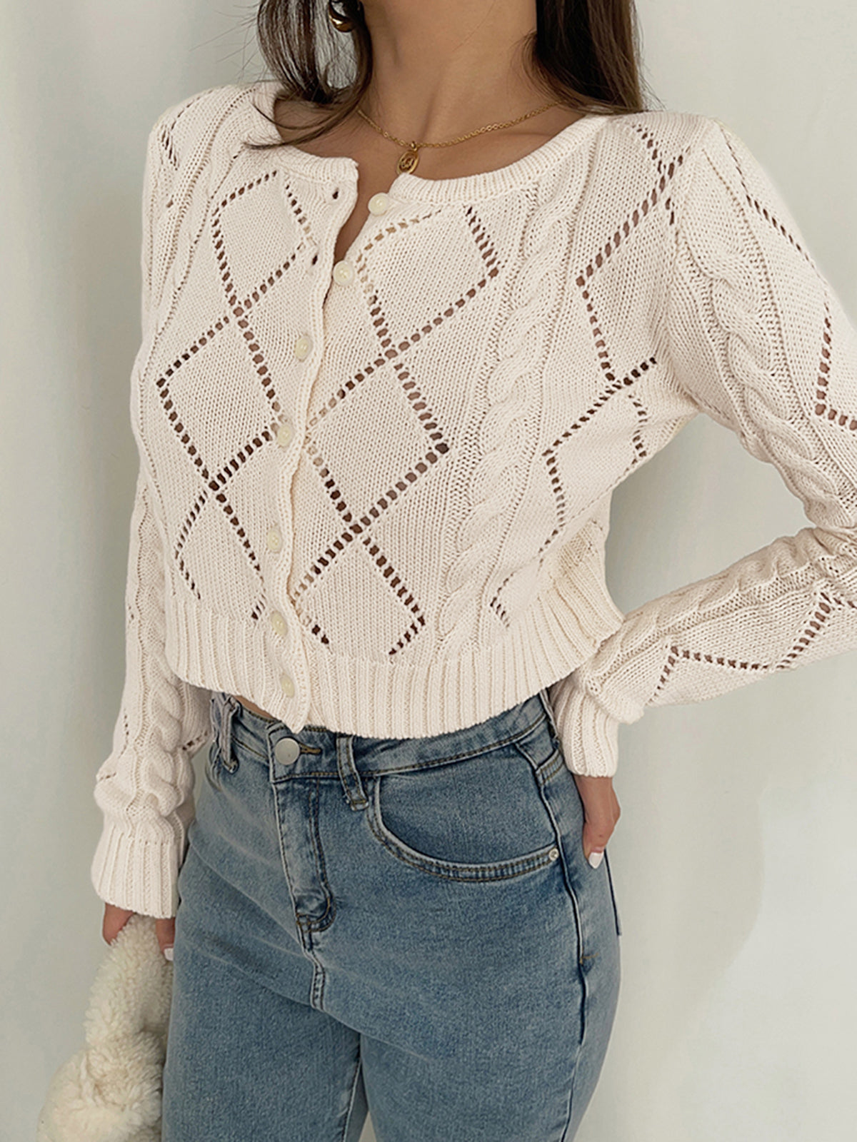 Diamonds Eyelet Button Up Knit Top