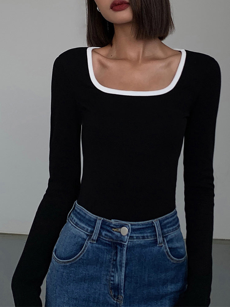 Sliver Lining Contrast Neckline Long Sleeve Top