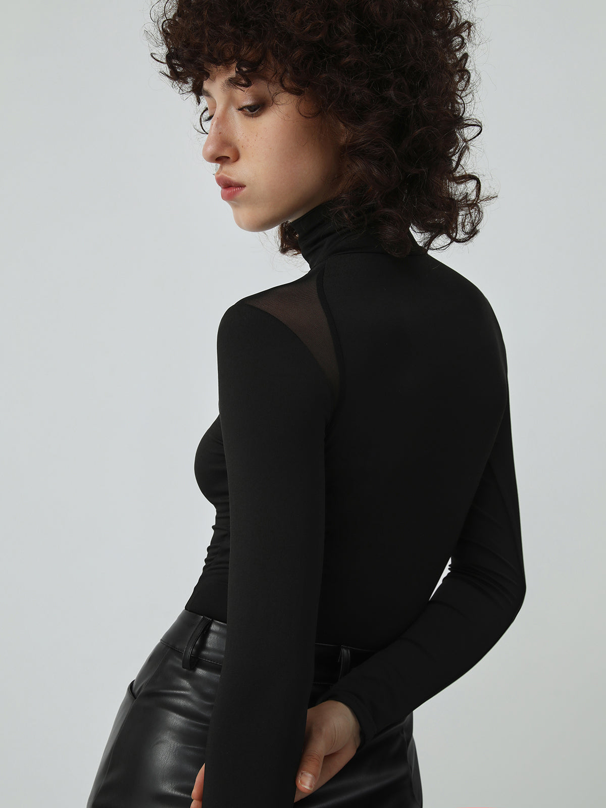 Patchwork Mesh Turtleneck Long Sleeve Bodysuit