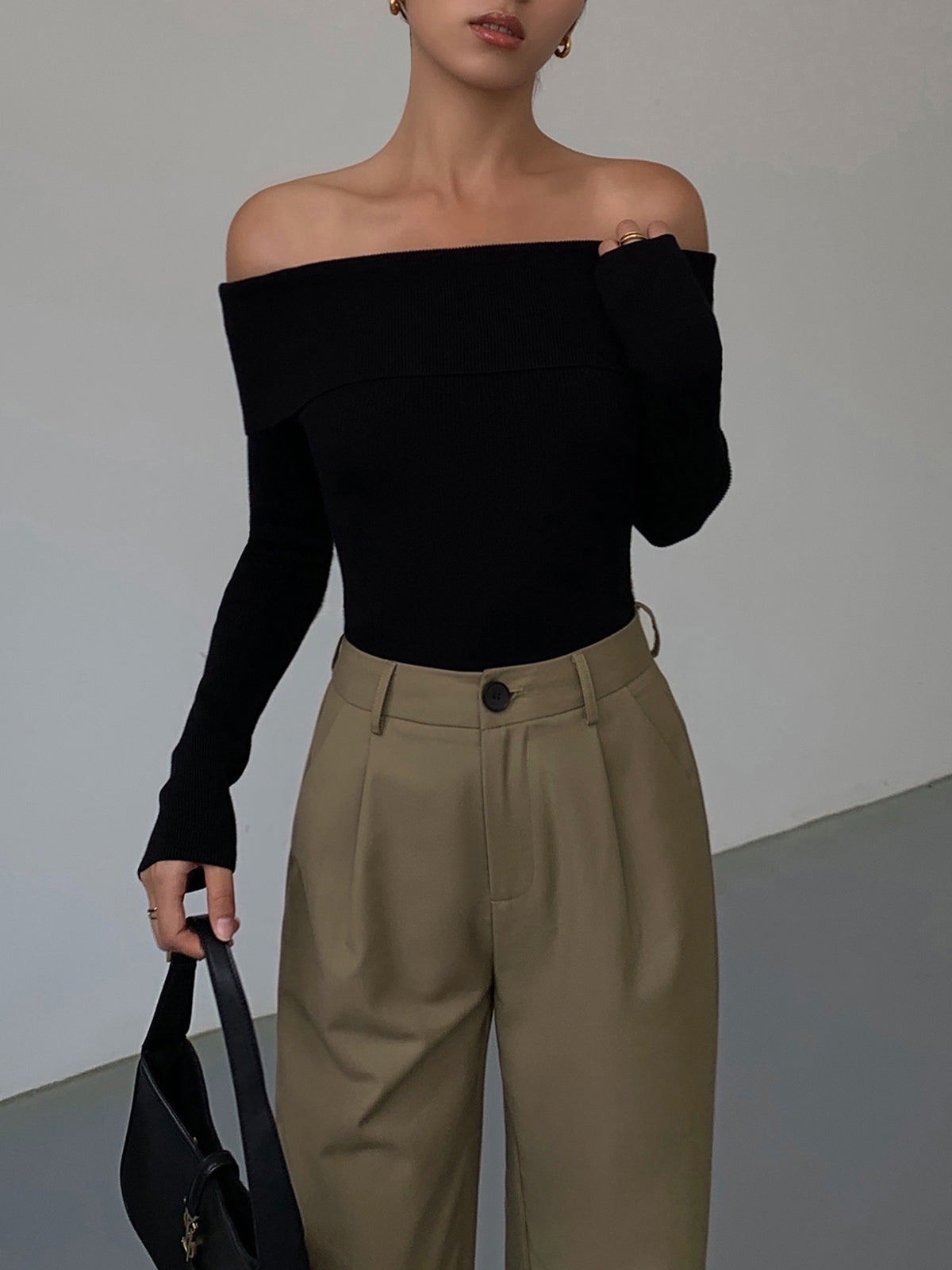 Off Shoulder Overfold Long Sleeve Knit Top