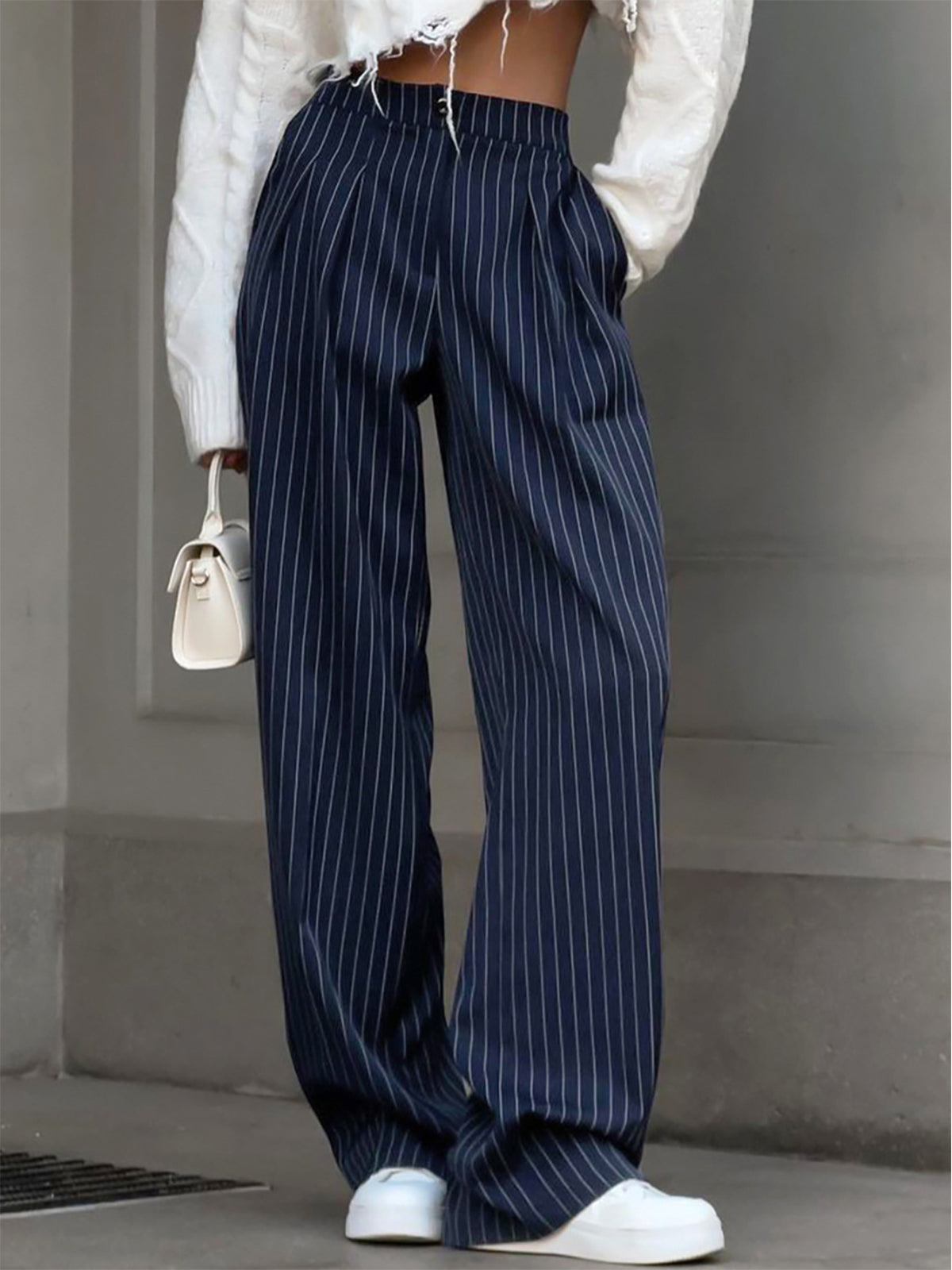 Pinstripe Pleated Wide-Leg Pants