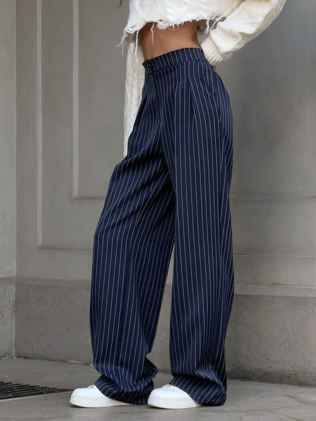 Pinstripe Pleated Wide-Leg Pants